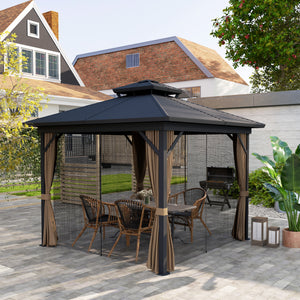 Outsunny 10' x 10' Hardtop Gazebo Canopy with Galvanized Steel Double Roof, Aluminum Frame, Permanent Pavilion Outdoor Gazebo with Netting and Curtains for Patio, Garden, Backyard, Dark Brown