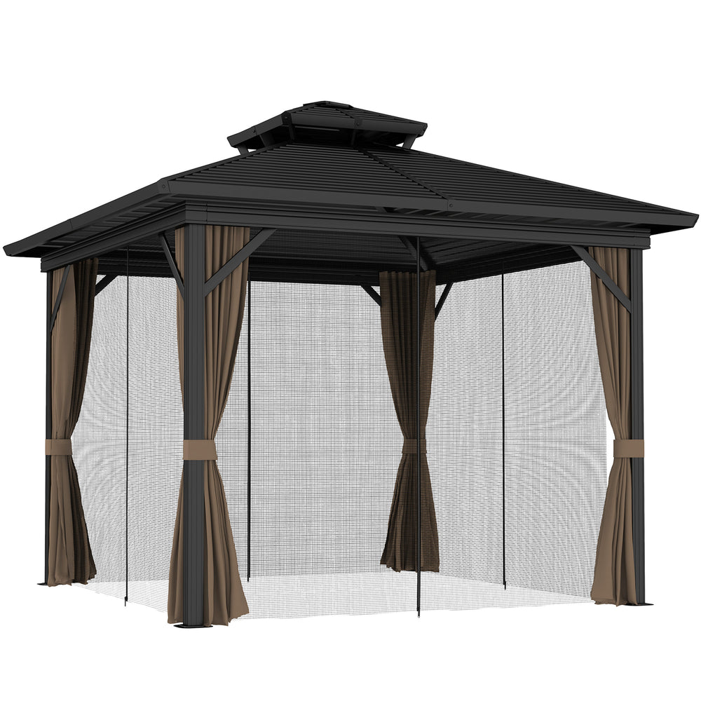 Outsunny 10' x 10' Hardtop Gazebo Canopy with Galvanized Steel Double Roof, Aluminum Frame, Permanent Pavilion Outdoor Gazebo with Netting and Curtains for Patio, Garden, Backyard, Dark Brown