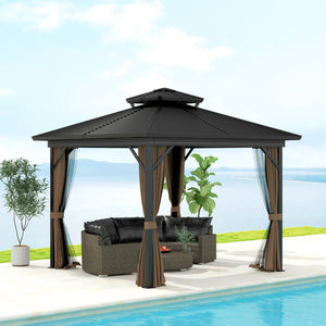 Outsunny 10' x 10' Hardtop Gazebo Canopy with Galvanized Steel Double Roof, Aluminum Frame, Permanent Pavilion Outdoor Gazebo with Netting and Curtains for Patio, Garden, Backyard, Dark Brown