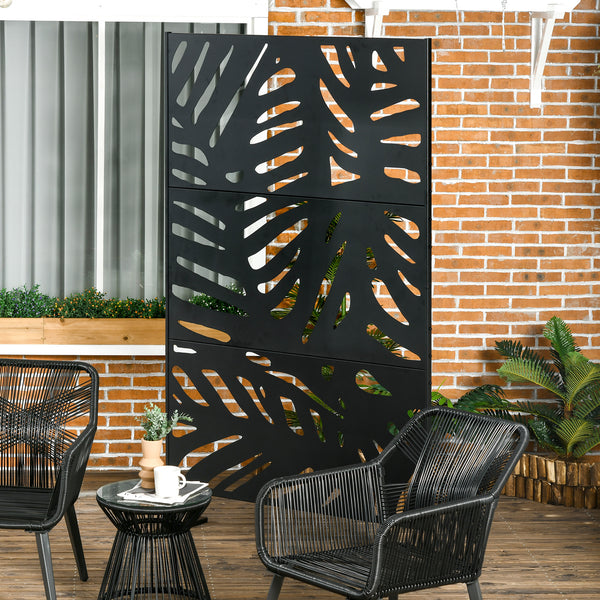 Decorative Garden Privacy Screen with Stand, 6.5FT Freestanding Metal Outdoor Divider, Decorative Privacy Panel with Expansion Screws for Garden Pool Hot Tub, Large Leaves Style, Black