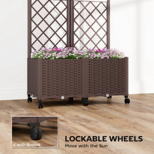 Planter Box with Trellis, Self Watering Raised Garden Bed with Lockable Wheels, 56.3" Trellis Privacy Planter with Drainage Holes for Climbing Plants, Vines, Vegetables, Flowers, Brown