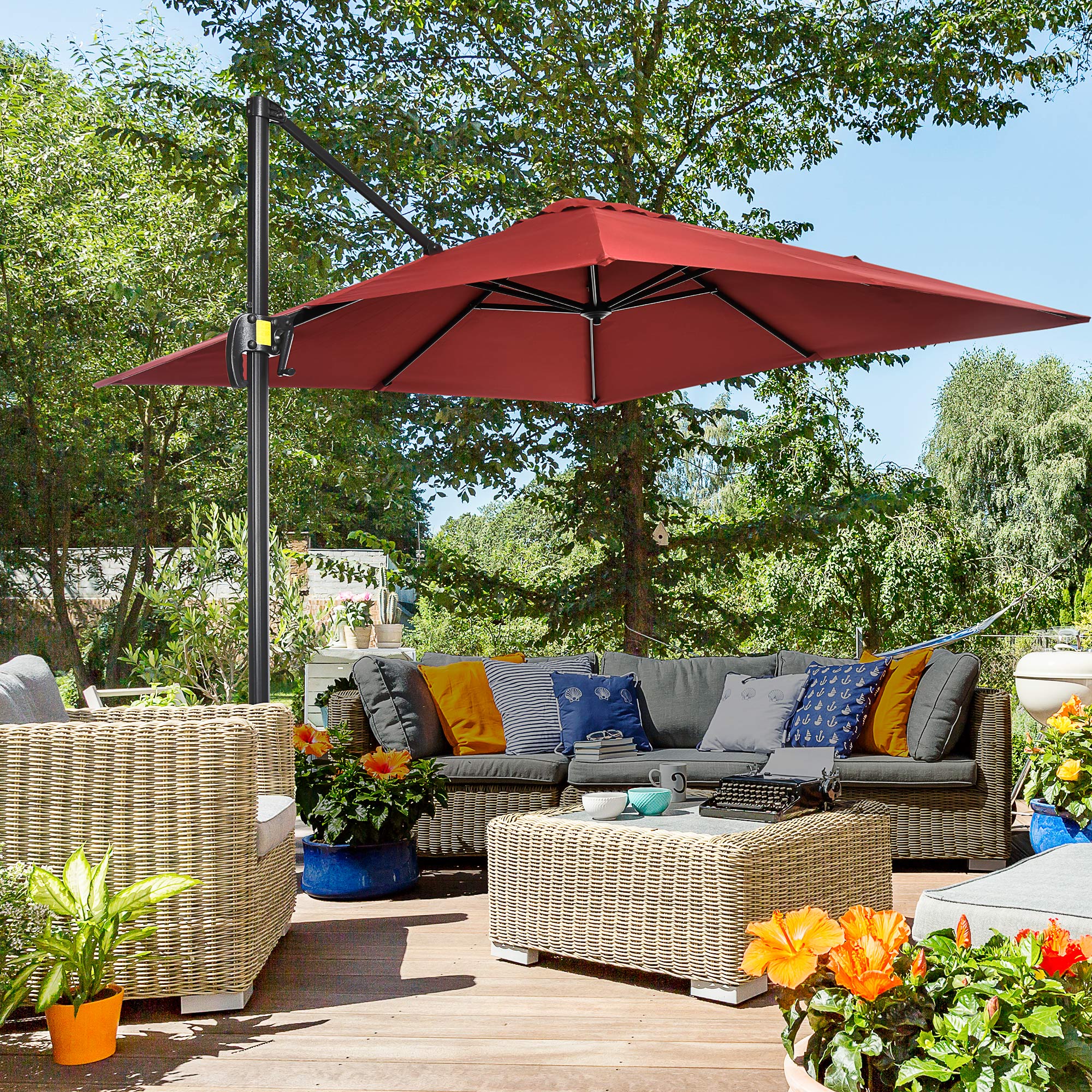 8' square patio umbrella Outsunny 8'x 8' Square Cantilever Umbrella with 360° Rotation & Tilt, Wine Red