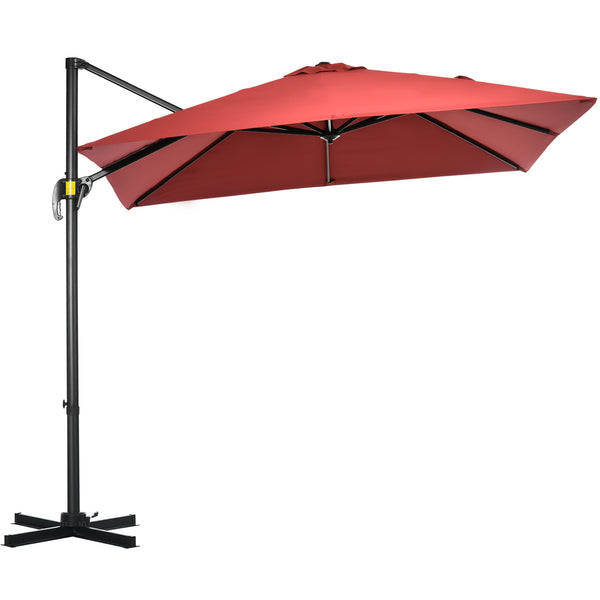 2.5 x 2.5m Patio Offset Parasol Umbrella Cantilever Hanging Aluminium Sun Shade Canopy Shelter 360° Rotation with Crank Handle and Cross Base, Wine Red