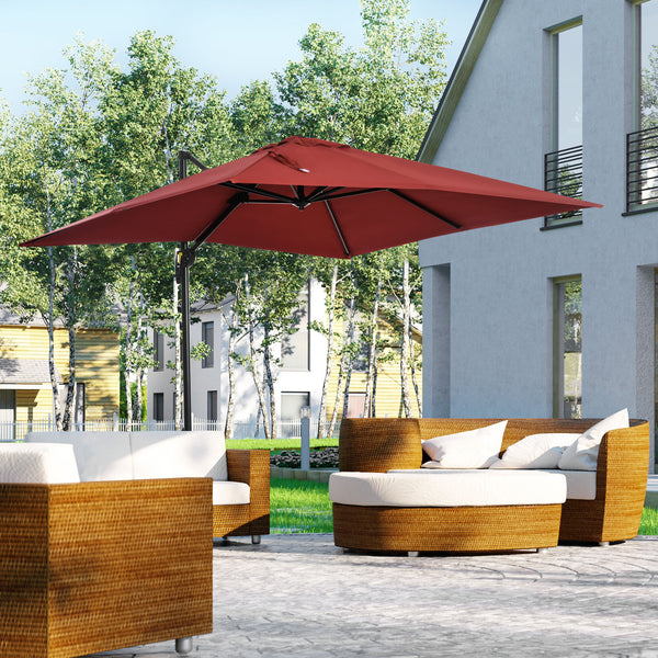 2.5 x 2.5m Patio Offset Parasol Umbrella Cantilever Hanging Aluminium Sun Shade Canopy Shelter 360° Rotation with Crank Handle and Cross Base, Wine Red