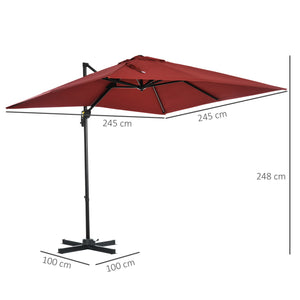 2.5 x 2.5m Patio Offset Parasol Umbrella Cantilever Hanging Aluminium Sun Shade Canopy Shelter 360° Rotation with Crank Handle and Cross Base, Wine Red