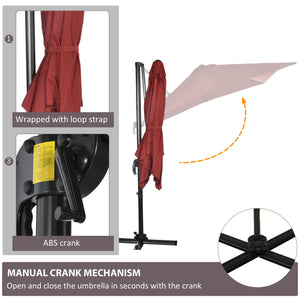 2.5 x 2.5m Patio Offset Parasol Umbrella Cantilever Hanging Aluminium Sun Shade Canopy Shelter 360° Rotation with Crank Handle and Cross Base, Wine Red