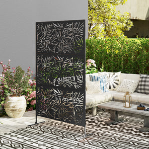 Decorative Garden Privacy Screen with Stand, 6.5FT Freestanding Metal Outdoor Divider, Decorative Privacy Panel with Expansion Screws for Garden Pool Hot Tub, Bamboo Style, Black