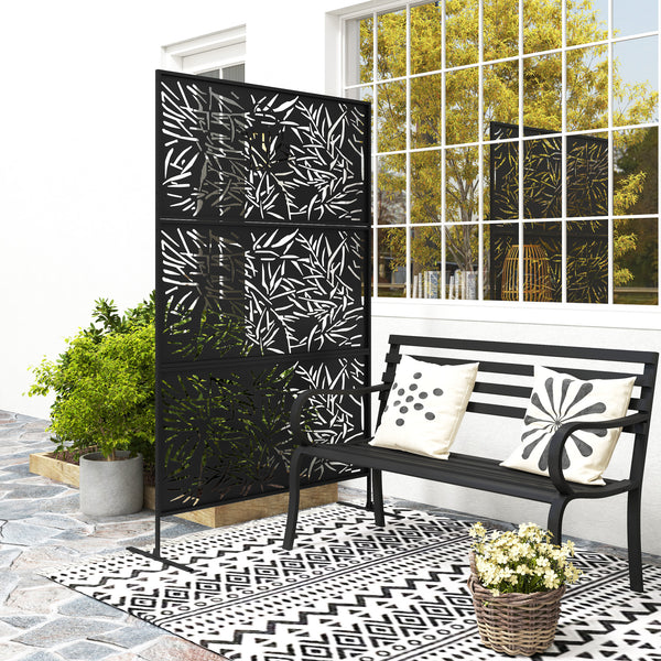 Decorative Garden Privacy Screen with Stand, 6.5FT Freestanding Metal Outdoor Divider, Decorative Privacy Panel with Expansion Screws for Garden Pool Hot Tub, Bamboo Style, Black