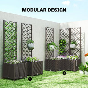 3PCS Plastic Planter Box with Trellis, Self-Watering Raised Garden Bed with Trellis and Automatic Watering Timer Kit, Outdoor Raised Planter with Drainage Holes, Plugs and Water Reservoir