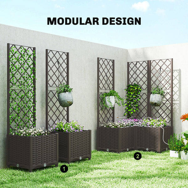 3PCS Plastic Planter Box with Trellis, Self-Watering Raised Garden Bed with Trellis and Automatic Watering Timer Kit, Outdoor Raised Planter with Drainage Holes, Plugs and Water Reservoir
