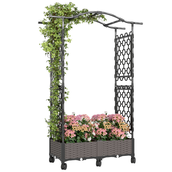 Raised Garden Bed with Arch Trellis, Raised Bed for Garden on Wheels with Side Trellis, Self Watering Outdoor Planter Box with Drainage Holes, Drain Plugs for Climbing Plants, Flowers, Herbs