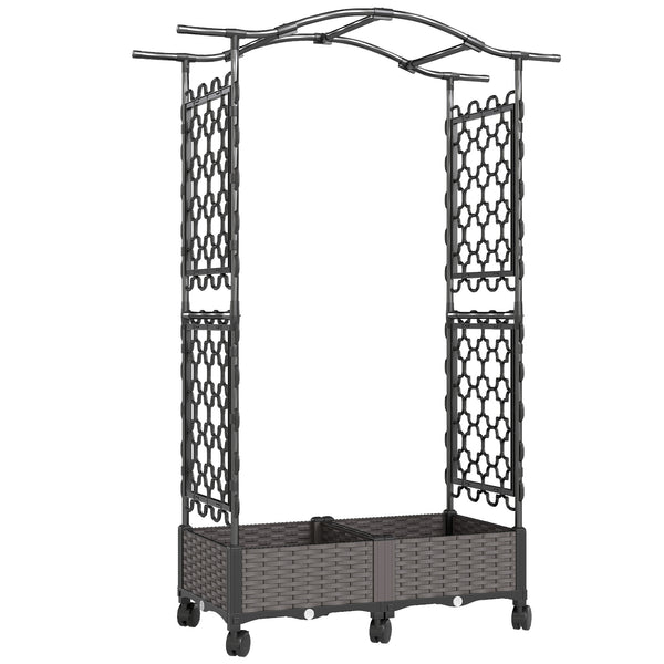 Raised Garden Bed with Arch Trellis, Raised Bed for Garden on Wheels with Side Trellis, Self Watering Outdoor Planter Box with Drainage Holes, Drain Plugs for Climbing Plants, Flowers, Herbs