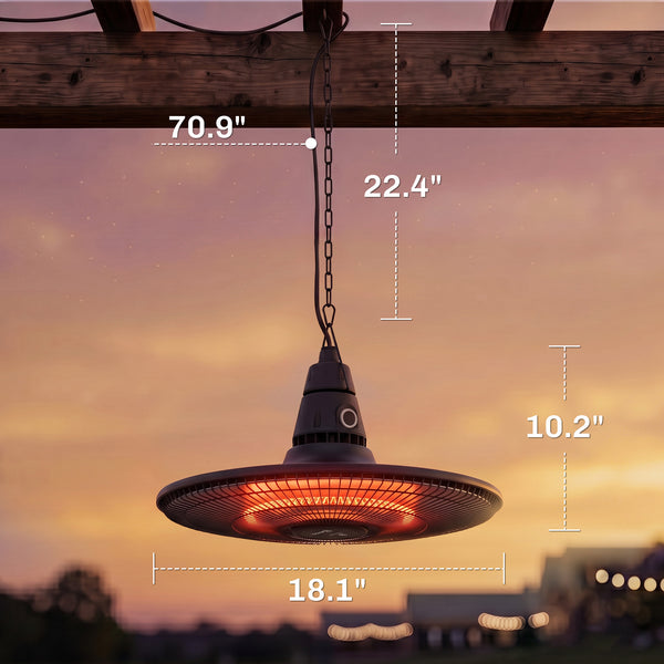 1500W Electric Patio Heater, IP65 Hanging Infrared Outdoor Heater with Carbon Fiber Tube, LED Screen, Remote Control for Garage, Patios, Gazebo, Balcony, Black