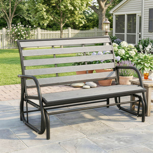 2 Person Outdoor Glider Bench, Patio Glider Swing Loveseat with Faux Wood Slatted Seat and Back, Outdoor Swing Bench with Steel Frame for Backyard, Garden, Porch, Grey