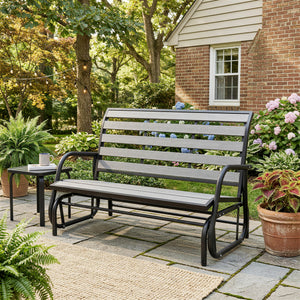 2 Person Outdoor Glider Bench, Patio Glider Swing Loveseat with Faux Wood Slatted Seat and Back, Outdoor Swing Bench with Steel Frame for Backyard, Garden, Porch, Grey