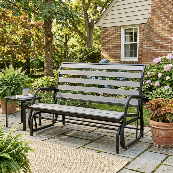 2 Person Outdoor Glider Bench, Patio Glider Swing Loveseat with Faux Wood Slatted Seat and Back, Outdoor Swing Bench with Steel Frame for Backyard, Garden, Porch, Grey