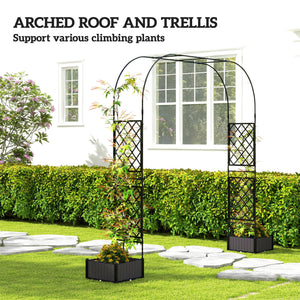 7.2ft Garden Arch with 2 Planter Boxes, PE-Coated Steel Outdoor Trellis Arbor for Climbing Plants, Wedding Arch for Party Outdoor Garden Backyard, Black