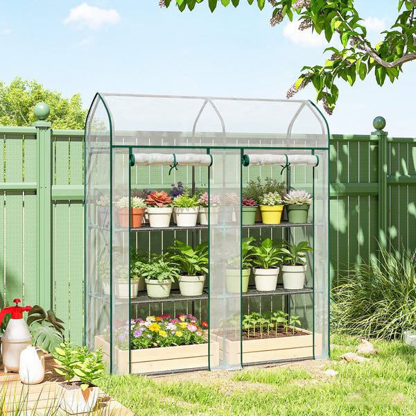 3 Tier Mini Greenhouse, 56.3" x 18.1" x 65" Small Portable Greenhouse with 2 Roll-up Doors, Garden Plant Growhouse with PVC Cover for Indoor Outdoor, Clear