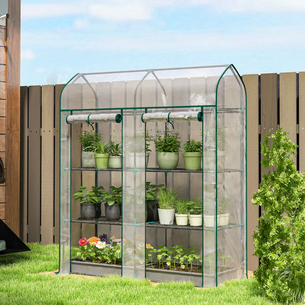 3 Tier Mini Greenhouse, 56.3" x 18.1" x 65" Small Portable Greenhouse with 2 Roll-up Doors, Garden Plant Growhouse with PVC Cover for Indoor Outdoor, Clear