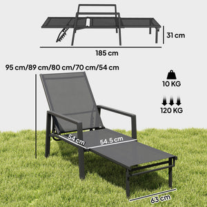 Sun Lounger with Retracable Footrest, 5-Position Adjustable Reclining Garden Lounger, Garden Chaise Lounge Sunbed Recliner Chair with Steel Frame for Beach, Porch, Patio, Camping, Dark Grey