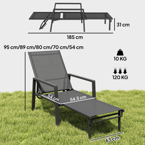 Sun Lounger with Retracable Footrest, 5-Position Adjustable Reclining Garden Lounger, Garden Chaise Lounge Sunbed Recliner Chair with Steel Frame for Beach, Porch, Patio, Camping, Dark Grey