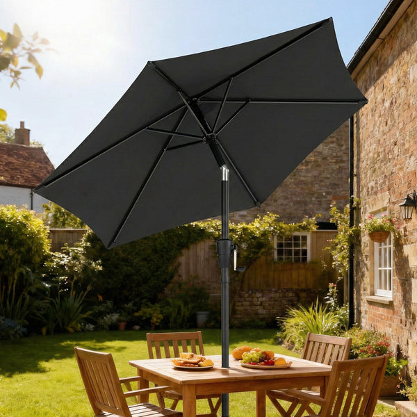 2m Garden Parasol Umbrella, Outdoor Table Parasol Umbrella with Crank Handle, Tilt Function, UV30+ Protection, Sun Shade Canopy for Patio, Beach, Black