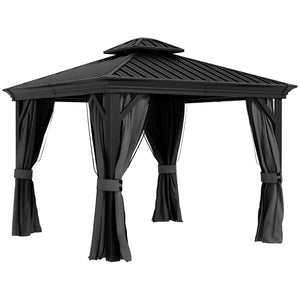 Outsunny 10' x 10' Hardtop Gazebo with Curtains and Netting, Permanent Pavilion Metal Double Roof Gazebo Canopy with Aluminum Frame and Hooks, for Garden, Patio, Backyard, Light Gray