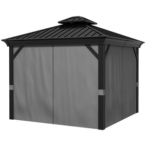 Outsunny 10' x 10' Hardtop Gazebo with Curtains and Netting, Permanent Pavilion Metal Double Roof Gazebo Canopy with Aluminum Frame and Hooks, for Garden, Patio, Backyard, Light Gray