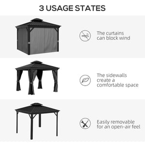 Outsunny 10' x 10' Hardtop Gazebo with Curtains and Netting, Permanent Pavilion Metal Double Roof Gazebo Canopy with Aluminum Frame and Hooks, for Garden, Patio, Backyard, Light Gray