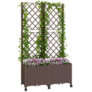 Planter Box with Trellis, Self Watering Raised Garden Bed with Lockable Wheels, 56.3" Trellis Privacy Planter with Drainage Holes for Climbing Plants, Vines, Vegetables, Flowers, Brown