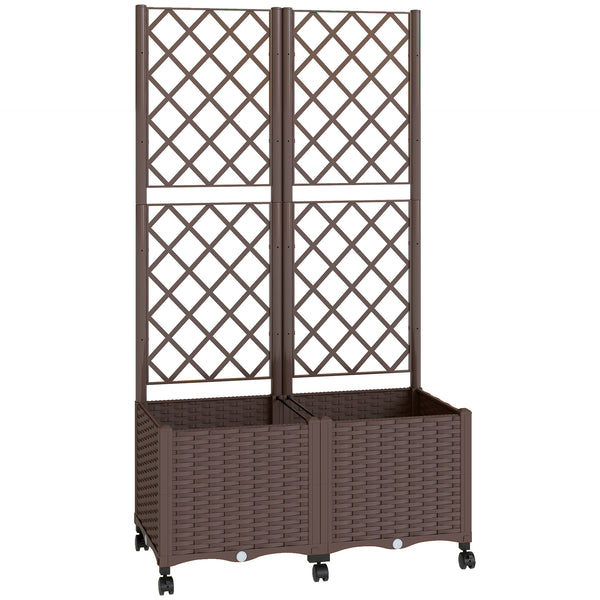 Planter Box with Trellis, Self Watering Raised Garden Bed with Lockable Wheels, 56.3" Trellis Privacy Planter with Drainage Holes for Climbing Plants, Vines, Vegetables, Flowers, Brown