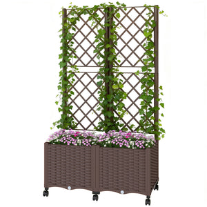 Planter Box with Trellis, Self Watering Raised Garden Bed with Lockable Wheels, 56.3" Trellis Privacy Planter with Drainage Holes for Climbing Plants, Vines, Vegetables, Flowers, Brown