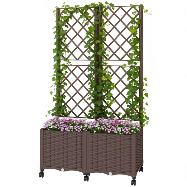 Planter Box with Trellis, Self Watering Raised Garden Bed with Lockable Wheels, 56.3" Trellis Privacy Planter with Drainage Holes for Climbing Plants, Vines, Vegetables, Flowers, Brown