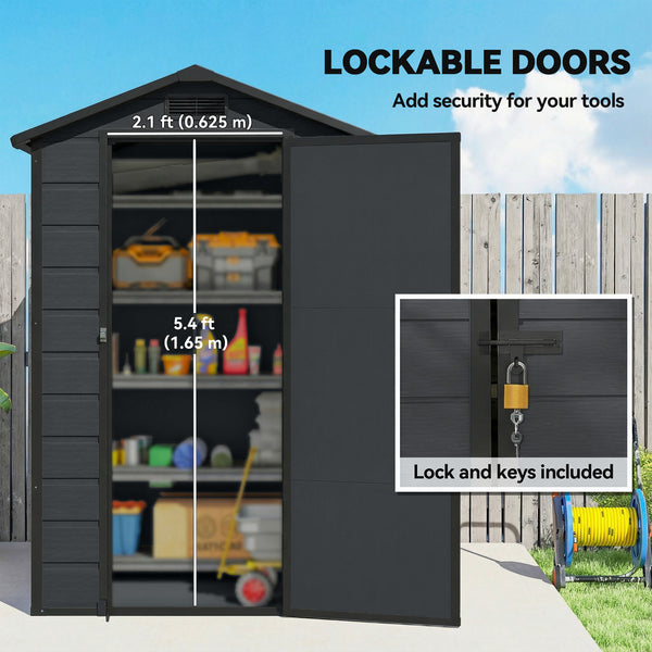 4' x 3' Plastic Garden Shed with Floor, Outdoor Storage Shed with Lockable Door, Window and Vent for Backyard, Patio, Garage, Lawn, Dark Grey