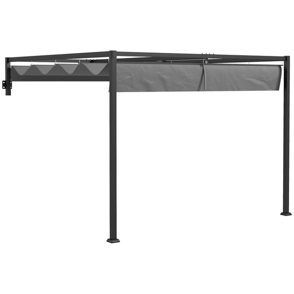 2 x 3(m) Lean To Pergola with Retractable Roof, Wall Mounted Garden Gazebo Outdoor Sun Shade Shelter for Patio, Deck, Dark Grey