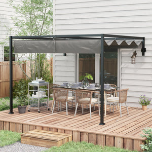 2 x 3(m) Lean To Pergola with Retractable Roof, Wall Mounted Garden Gazebo Outdoor Sun Shade Shelter for Patio, Deck, Dark Grey