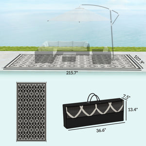 Outsunny Reversible Outdoor Rug, 9' x 18' Waterproof Plastic Straw Floor Mat, Portable RV Camping Carpet, Large Floor Mat for Backyard, Deck, Picnic, Beach, Black & White Lantern