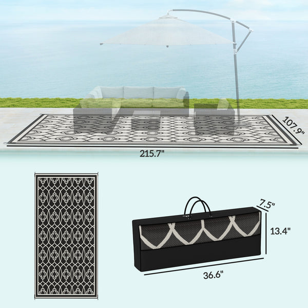 Outsunny Reversible Outdoor Rug, 9' x 18' Waterproof Plastic Straw Floor Mat, Portable RV Camping Carpet, Large Floor Mat for Backyard, Deck, Picnic, Beach, Black & White Lantern