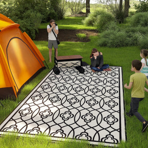 Outsunny Reversible Outdoor Rug, 9' x 18' Waterproof Plastic Straw Floor Mat, Portable RV Camping Carpet, Large Floor Mat for Backyard, Deck, Picnic, Beach, Black & White Lantern