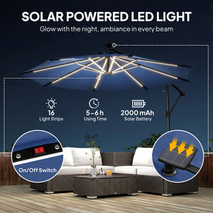 3 m Garden Cantilever Parasol with LED Solar Light, Round Overhanging Umbrella with 6-Position 360° Rotation, Crank Handle, Tilt, Cover, Banana Patio Umbrella for Outdoor Sun Shade, Navy Blue