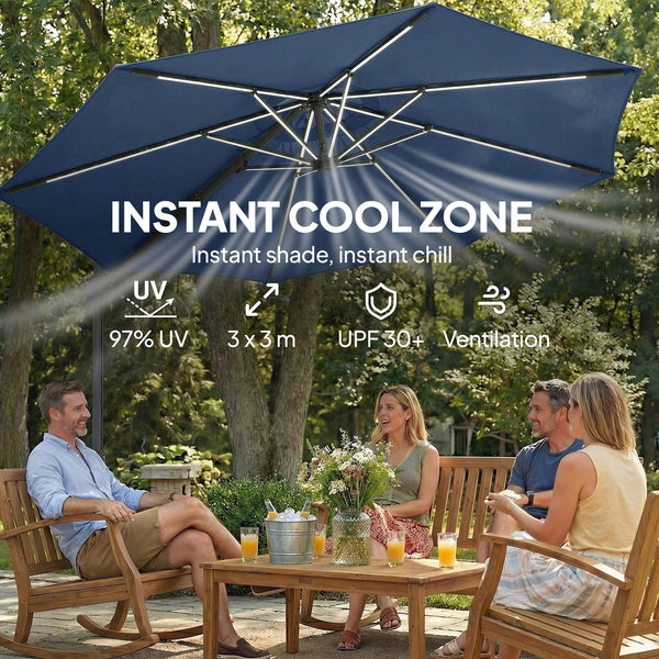 3 m Garden Cantilever Parasol with LED Solar Light, Round Overhanging Umbrella with 6-Position 360° Rotation, Crank Handle, Tilt, Cover, Banana Patio Umbrella for Outdoor Sun Shade, Navy Blue