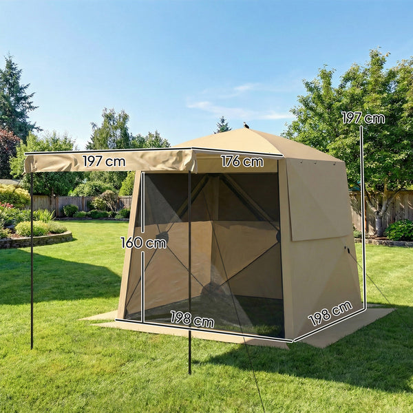 2 x 2 m Pop Up Gazebo with Awning, Waterproof Instant Shelter for Garden BBQ, Fishing, Camping, Easy Setup Garden Gazebo with Sides, Mesh Windows & Carry Bag, Khaki