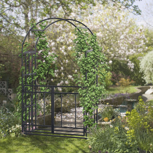 Outsunny 81" Metal Garden Arbor with Double Doors, Locking Gate, Climbing Vine Frame with Heart Motifs, Arch for Wedding, Bridal Party Decoration, Grey