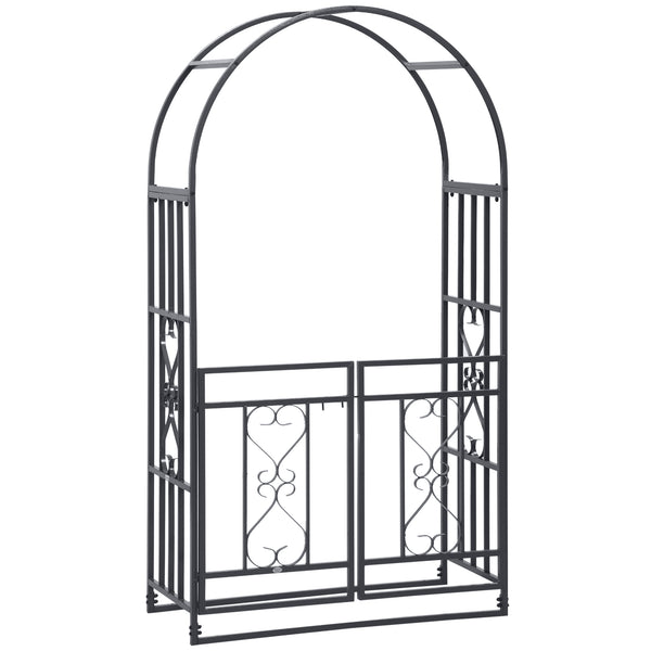 Outsunny 81" Metal Garden Arbor with Double Doors, Locking Gate, Climbing Vine Frame with Heart Motifs, Arch for Wedding, Bridal Party Decoration, Grey