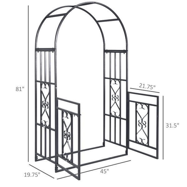 Outsunny 81" Metal Garden Arbor with Double Doors, Locking Gate, Climbing Vine Frame with Heart Motifs, Arch for Wedding, Bridal Party Decoration, Grey