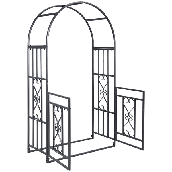 Outsunny 81" Metal Garden Arbor with Double Doors, Locking Gate, Climbing Vine Frame with Heart Motifs, Arch for Wedding, Bridal Party Decoration, Grey