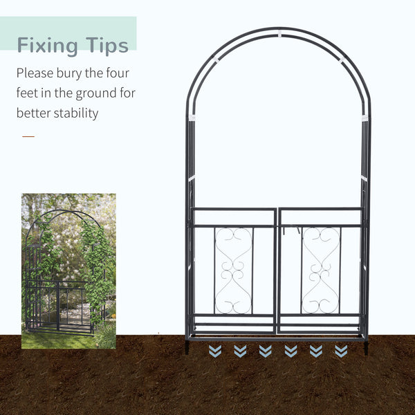 Outsunny 81" Metal Garden Arbor with Double Doors, Locking Gate, Climbing Vine Frame with Heart Motifs, Arch for Wedding, Bridal Party Decoration, Grey