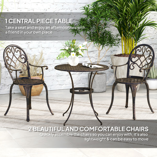 3 Piece Patio Bistro Set for 2, Outdoor Aluminium Garden Table and Chairs with Adjustable Footpads for Balcony, Garden and Patio, Bronze Tone