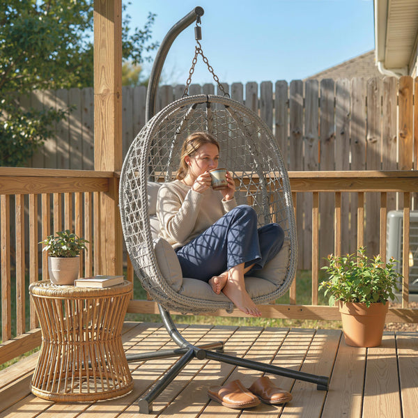 Hanging Egg Chair, Indoor Outdoor Rattan Hammock Swing Chair with Stand, Safety Strap, Foldable Basket, Thick Cushion, Headrest, Metal Frame for Garden Balcony Patio Lounge Porch, Light Grey