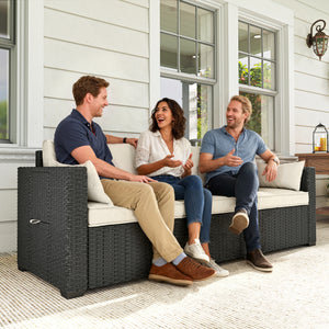 3 Seater Wicker Outdoor Sofa with Side Tray Tables, Poly Rattan Patio Sofa Couch with 6" Thick Back Cushions, Outdoor Couch with Deep Seat, Pillows for Garden, Cream White